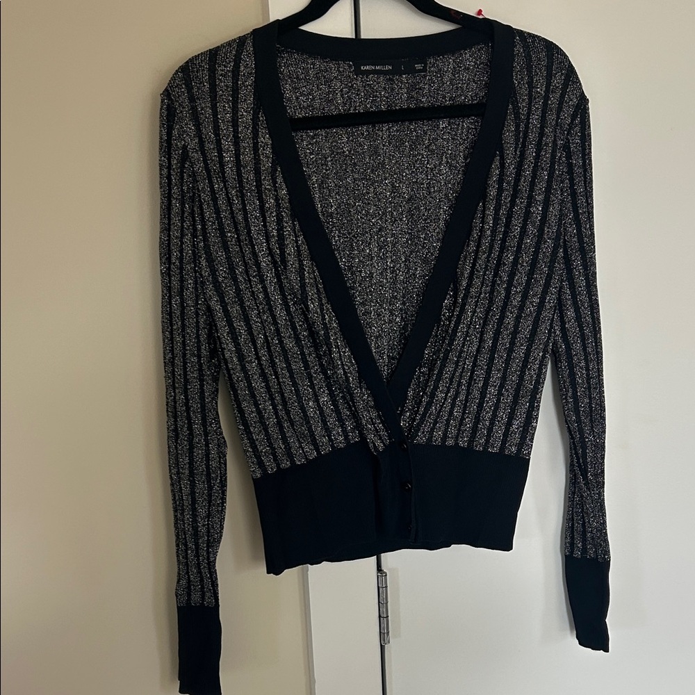 Karen Millen Black and Gray Striped Cardigan Size Large